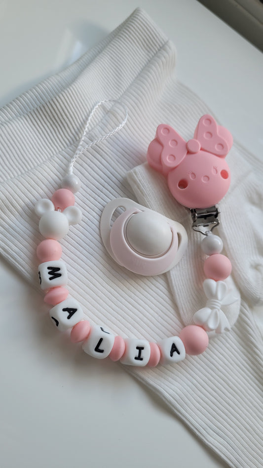 Schnullerkette mit Namen für Mädchen Maus peach weiss