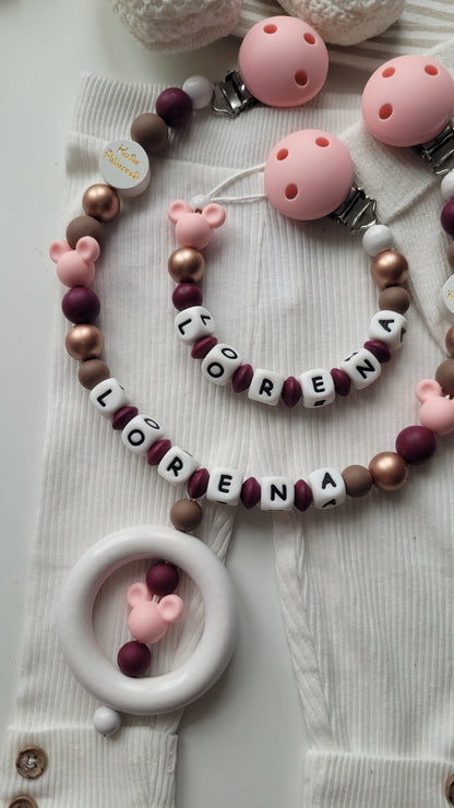 3er Set Kinderwagenkette & Schnullerkette mit Namen + Greifring für Mädchen Maus