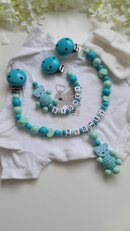 Kinderwagenkette & Schnullerkette mit Namen Teddy türkis mint