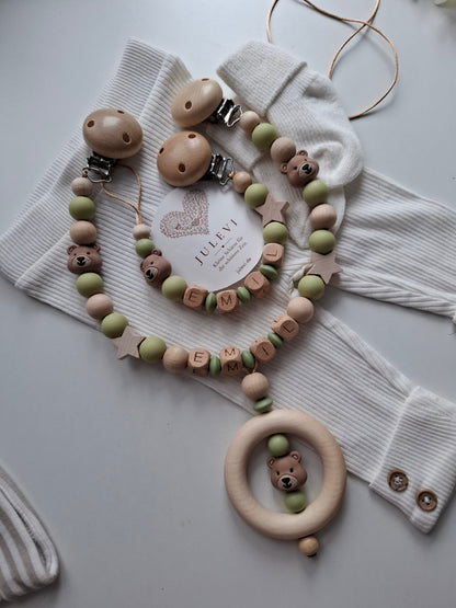 Kinderwagenkette & Schnullerkette Set mit Namen Bärchen grün holz beige Silikon Holz | personalisiert