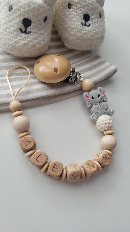 Schnullerkette mit Namen für Mädchen Elefant natur holz