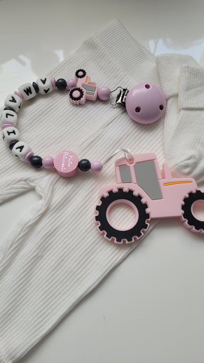 3 in 1 Beissring Schnullerkette mit Namen  Traktor rosa