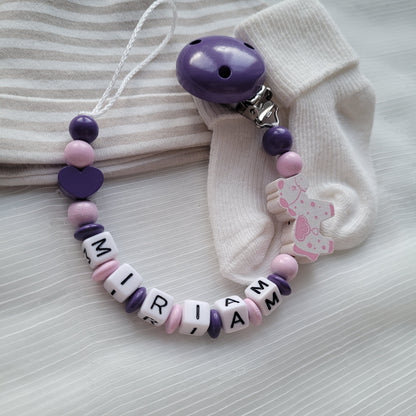Schnullerkette mit Namen für Mädchen Herz & Pferd lila rosa