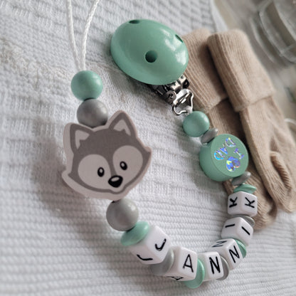 Schnullerkette für Jungen mit Namen Fuchs & I Love Mom & Dad mint