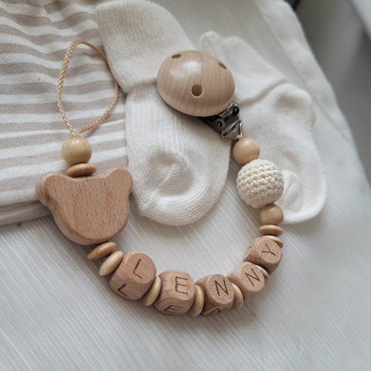 Schnullerkette mit Namen Junge Bärchen & Häkelperle holz