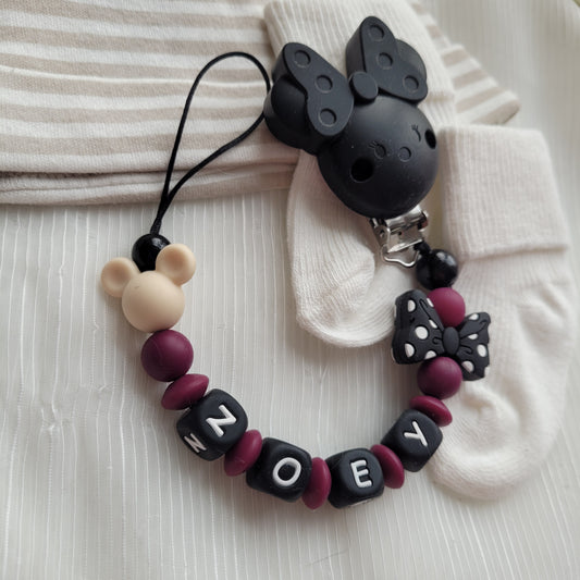 Schnullerkette mit Namen für Mädchen Maus & Schleife beige weinrot