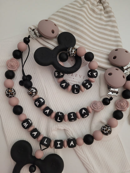 3er Set Schnullerkette, Kinderwagenkette & Greifring mit Namen Maus Rosen graurosé schwarz leo