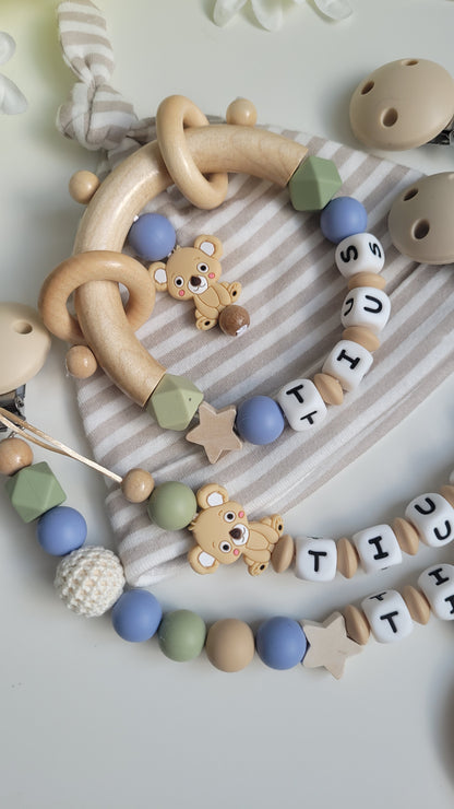 3tlg.Set Schnullerkette Kinderwagenkette & Greifring mit Namen Koala beige blau grün