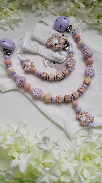 Kinderwagenkette & Schnullerkette Set lila Blumen Hase