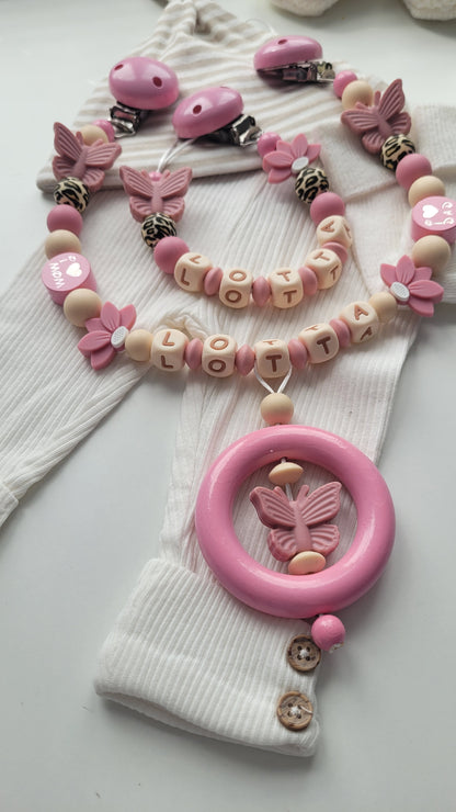 3er Set Schnullerkette Kinderwagenkette & Beissring mit Namen  Blumen &Schmetterlinge beige altrosa