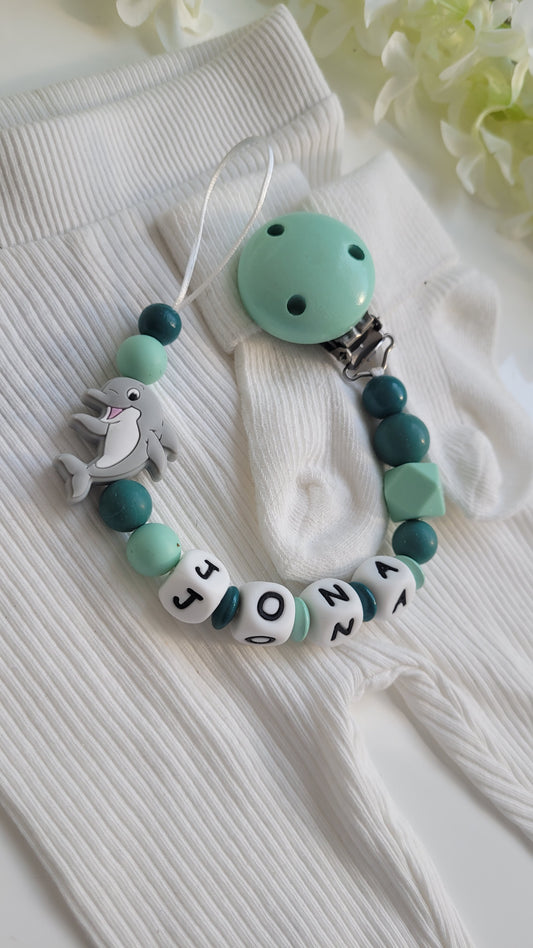 Schnullerkette mit Namen Delfin mint