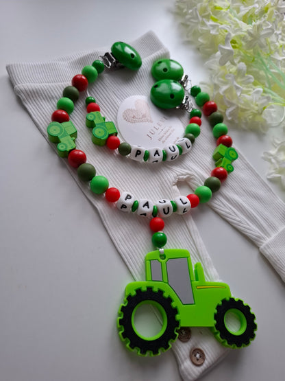 Kinderwagenkette & Schnullerkette Set mit Namen Traktor grün rot personalisiert