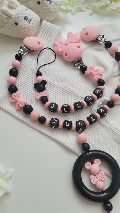 Kinderwagenkette & Schnullerkette apricot schwarz Set für Mädchen