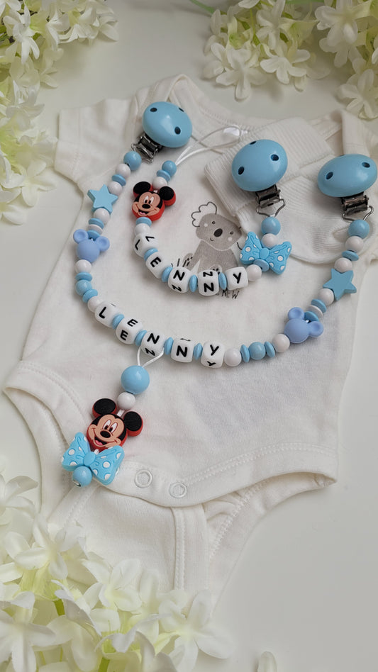 Kinderwagenkette & Schnullerkette mit Namen *Maus*  blau