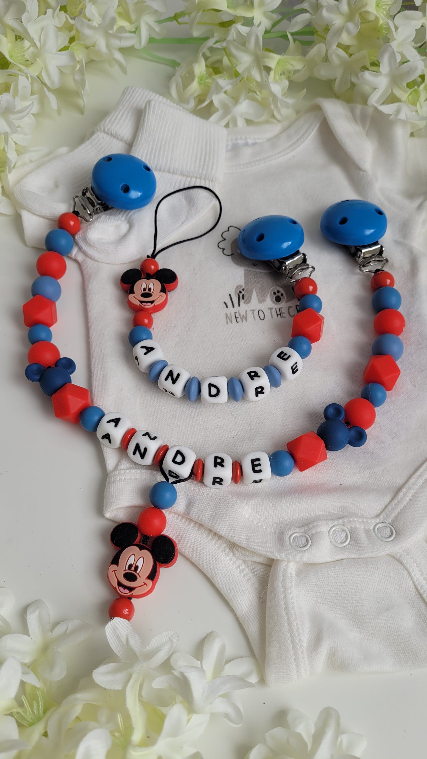 3tlg Set Schnullerkette Kinderwagenkette Greifling Mickey Maus blau rot