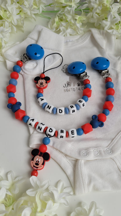 3tlg Set Schnullerkette Kinderwagenkette Greifling Mickey Maus blau rot