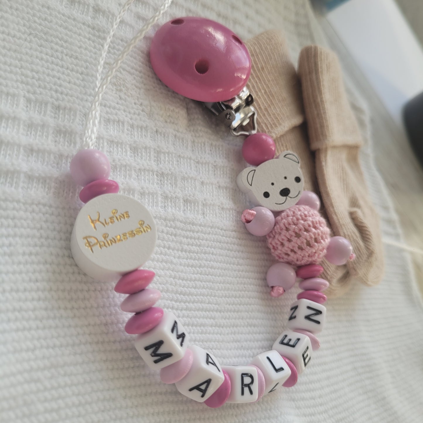 Schnullerkette mit Namen für Mädchen Kleine Prinzessin & Bärchen rosa pink