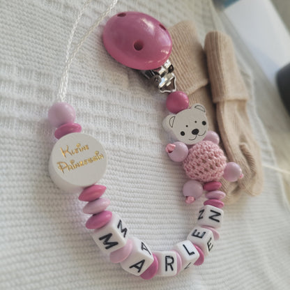 Schnullerkette mit Namen für Mädchen Kleine Prinzessin & Bärchen rosa pink