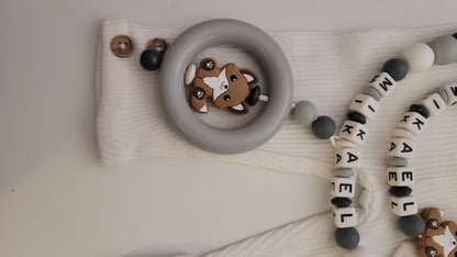 Kinderwagenkette & Schnullerkette mit Namen Fuchs grau