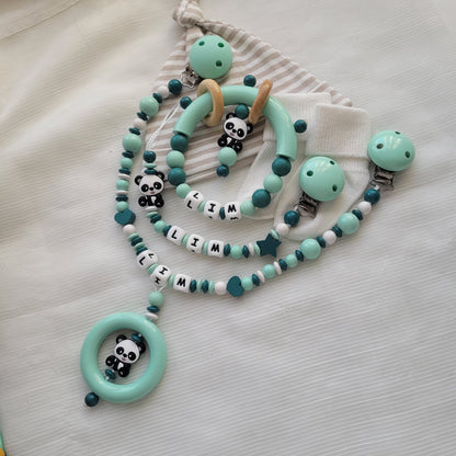 3tlg Schnullerkette Kinderwagenkette Greifring Panda mint petrol