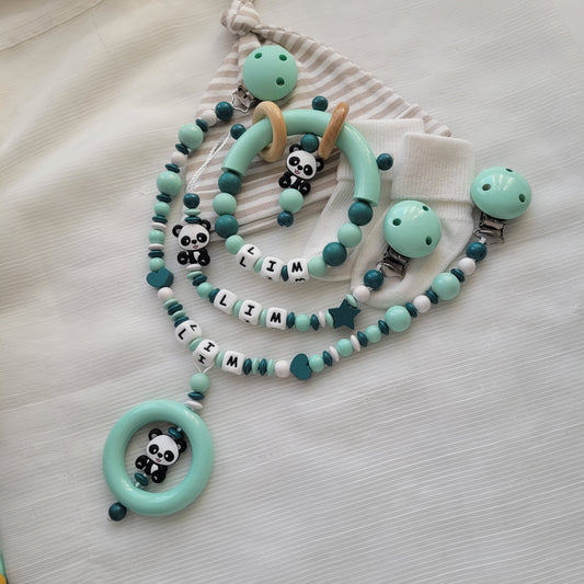 3tlg Schnullerkette Kinderwagenkette Greifring Panda mint petrol