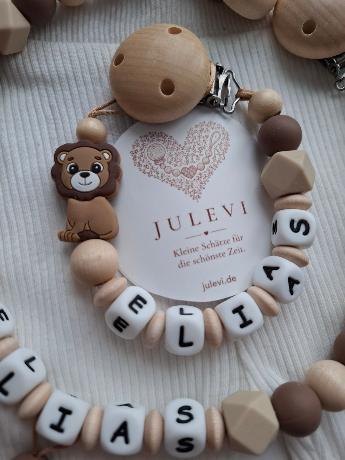 Kinderwagenkette & Schnullerkette Set mit Namen Löwe beige braun Holz Blatt personalisiert