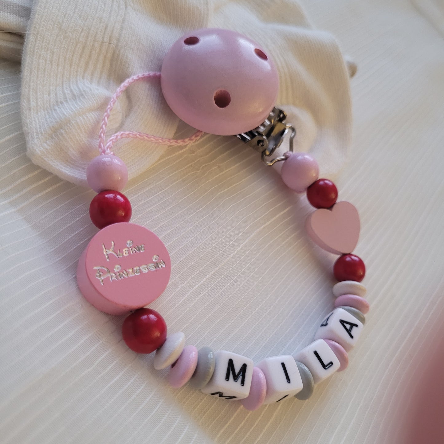Schnullerkette mit Namen für Mädchen Herz & Kleine Prinzessin rosa weiß grau rot