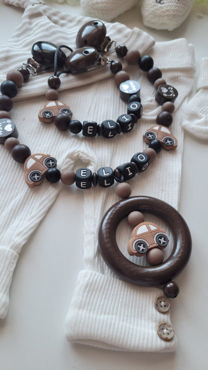 3er Set Schnullerkette Kinderwagenkette & Greifring Auto mit Namen  schwarz braun