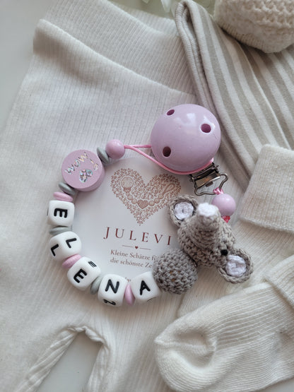 Schnullerkette mit Namen für Mädchen Elefant gehäkelt rosa grau