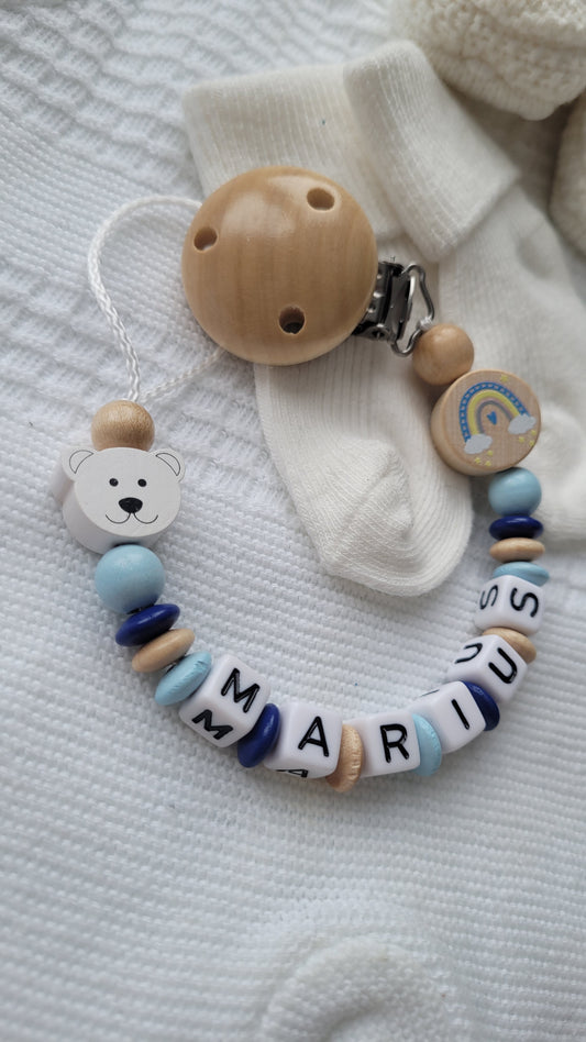 Schnullerkette mit Namen für Jungen Teddy & Regenbogen blau