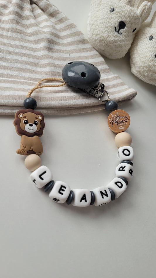 Schnullerkette für Jungen mit Namen Löwe & Kleiner Prinz grau beige