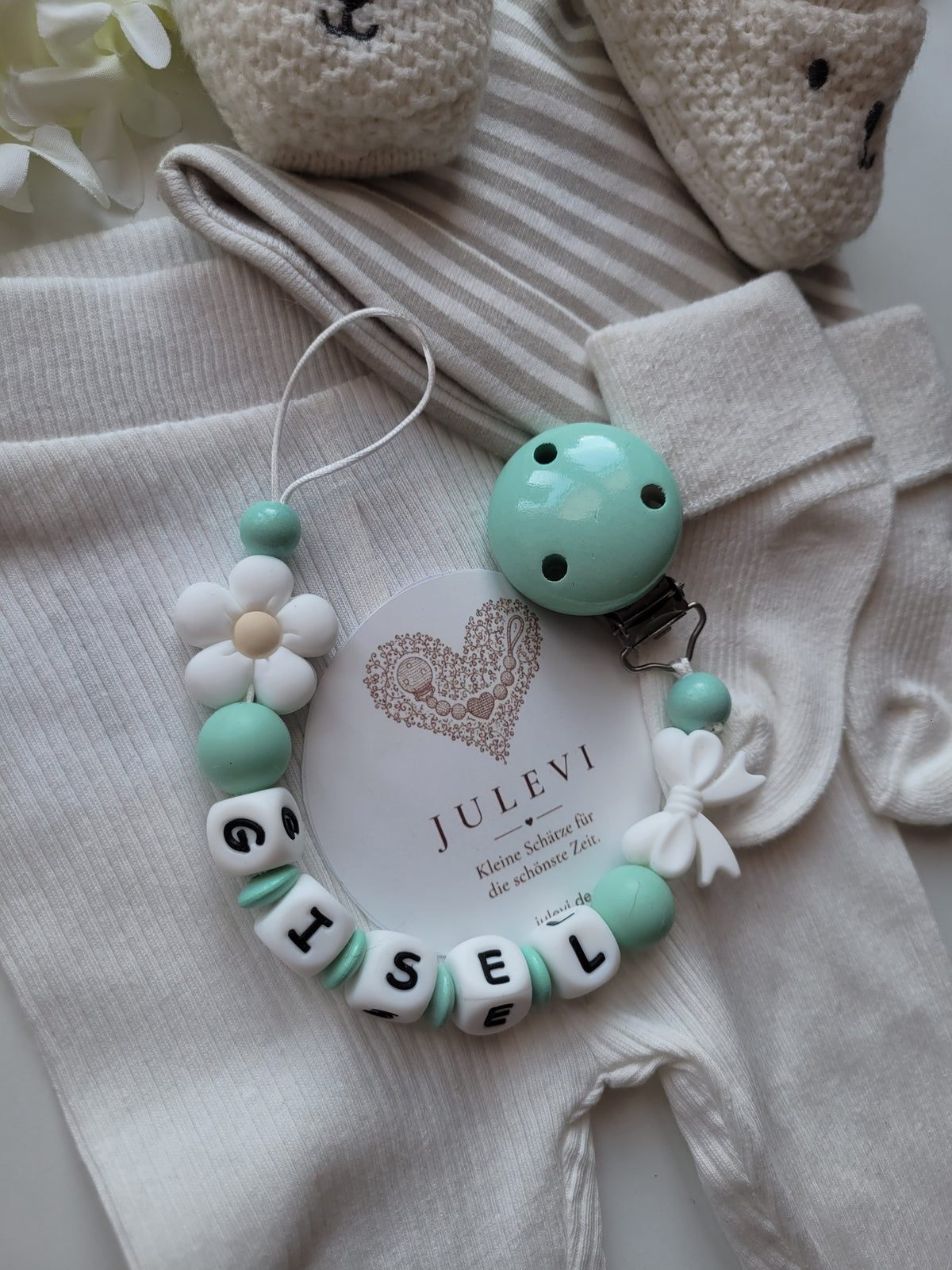 Schnullerkette mit Namen für Mädchen Blume Schleife mint personalisiert