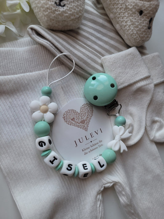 Schnullerkette mit Namen für Mädchen Blume Schleife mint personalisiert