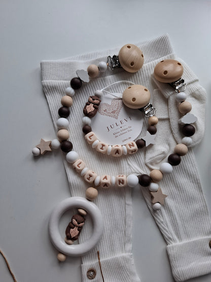 Kinderwagenkette & Schnullerkette Set mit Namen Otter weiß braun Holz | personalisiert