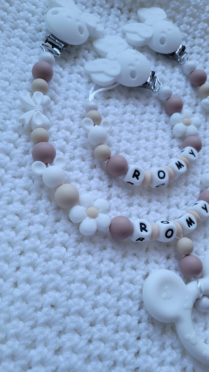 Kinderwagenkette & Schnullerkette *Minnie Prinzessin* beige weiss