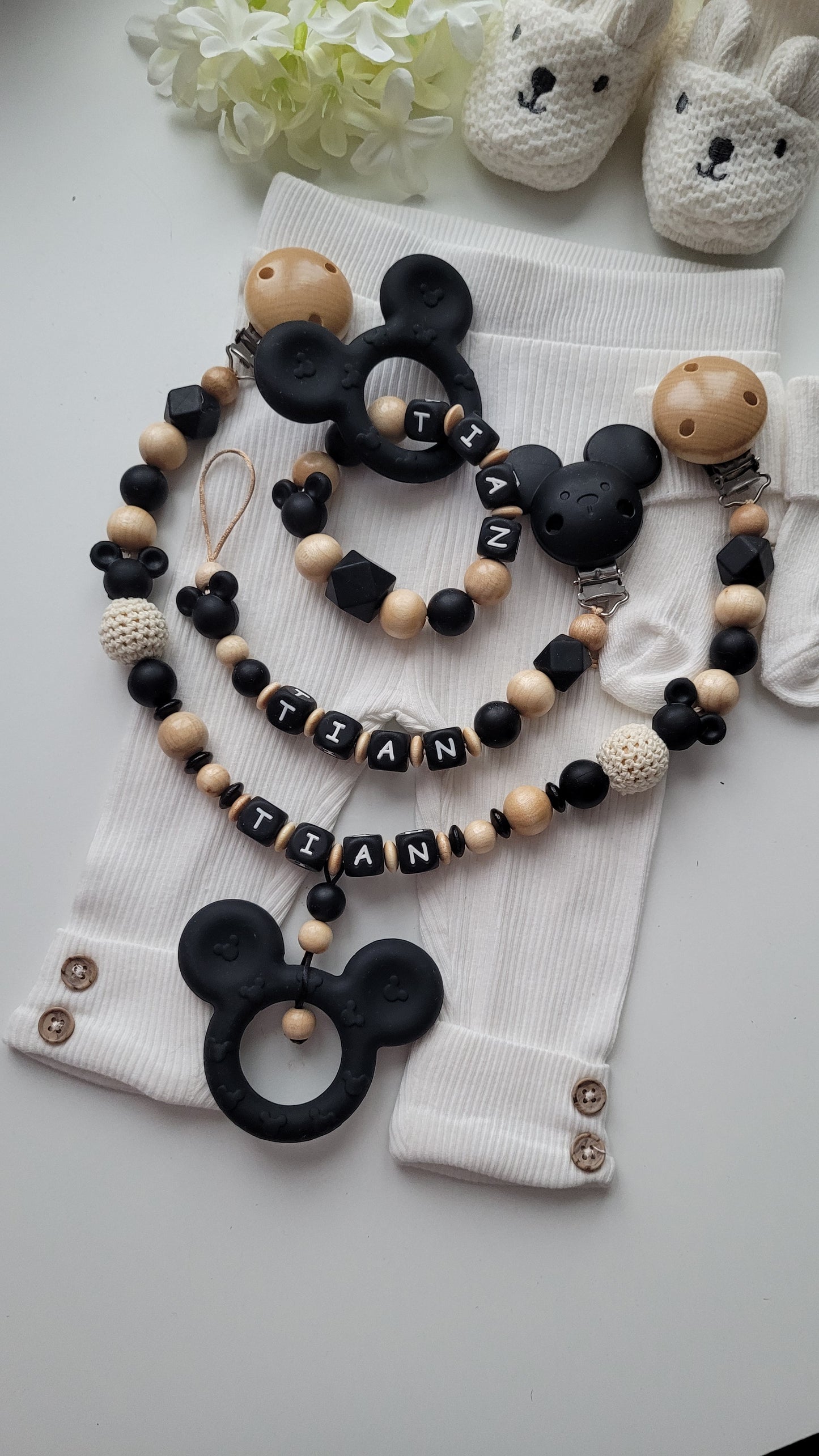 3tlg Set Schnullerkette Kinderwagenkette Spielring Maus schwarz holz