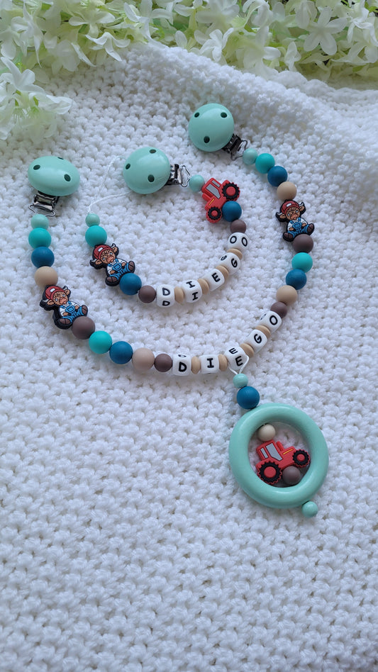 Kinderwagenkette & Schnullerkette Set Baby Bauernhof für Jungen braun petrol türkis