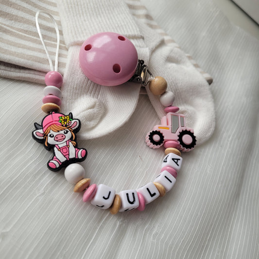 Schnullerkette mit Namen für Mädchen Traktor & Kuh