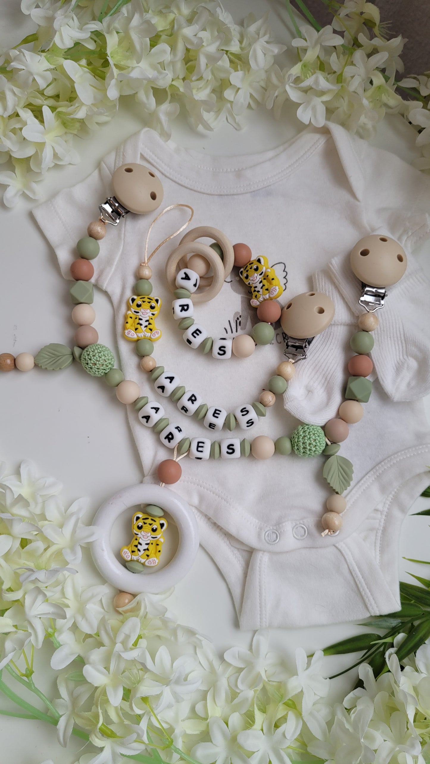 3tlg Set Schnullerkette Kinderwagenkette Greifling *Tiger* beige grün