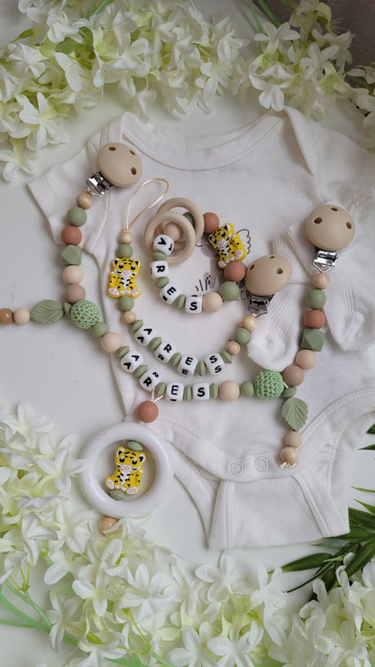 3tlg Set Schnullerkette Kinderwagenkette Greifling *Tiger* beige grün