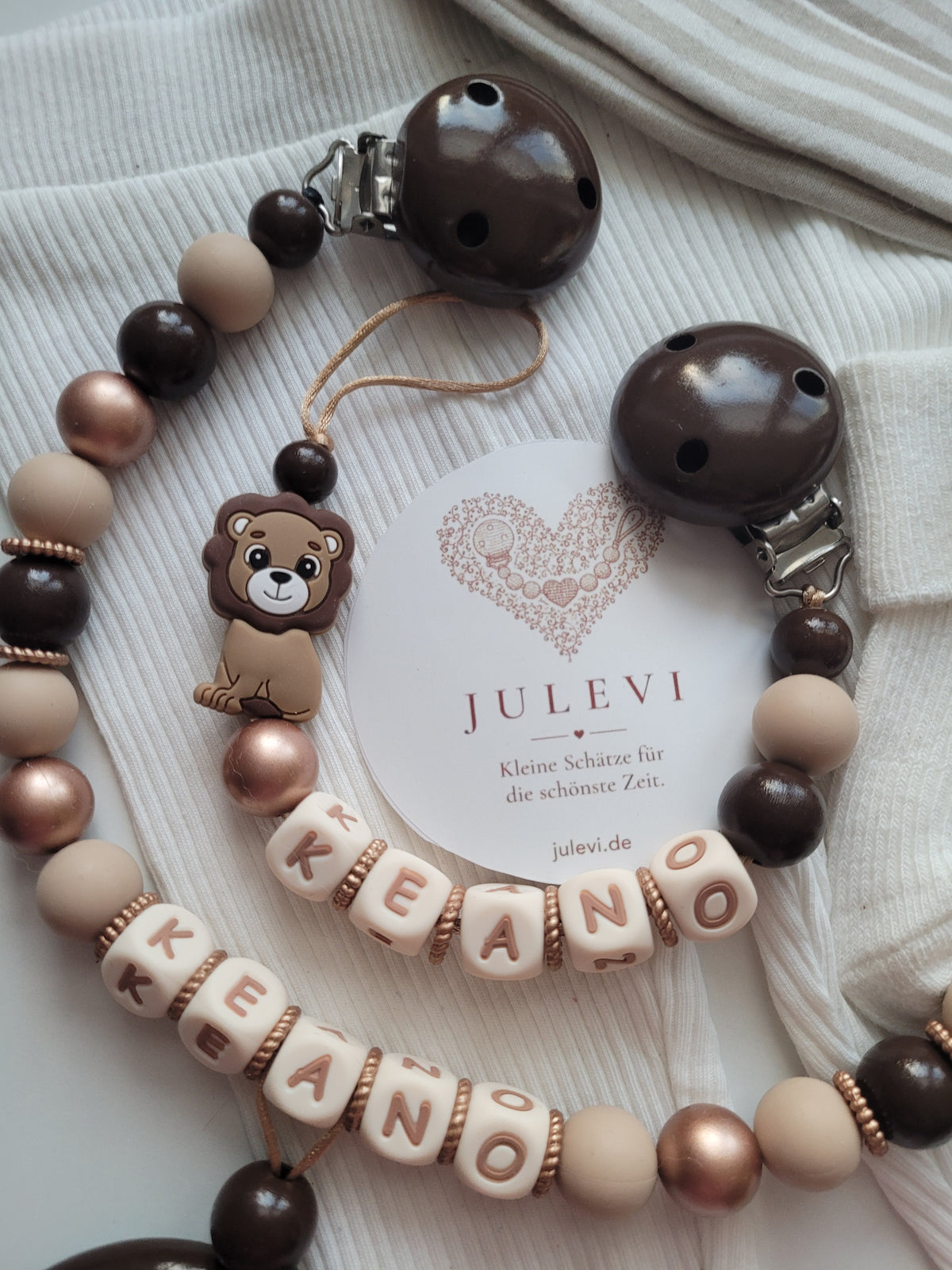 Kinderwagenkette & Schnullerkette Set mit Namen Löwe gold braun | personalisiert