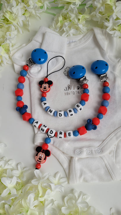 Kinderwagenkette & Schnullerkette mit Namen *Maus*  rot blau