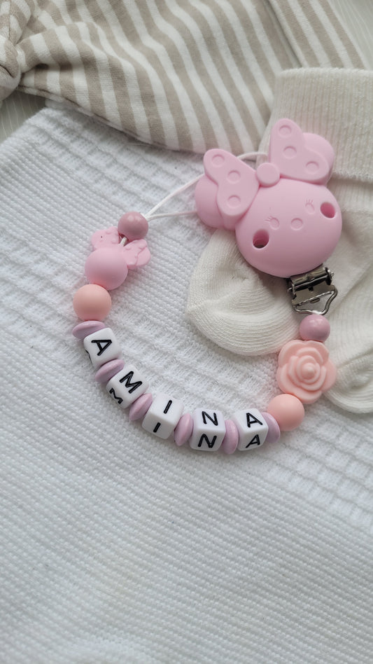 Schnullerkette mit Namen für Mädchen Maus & Blume apricot rosa