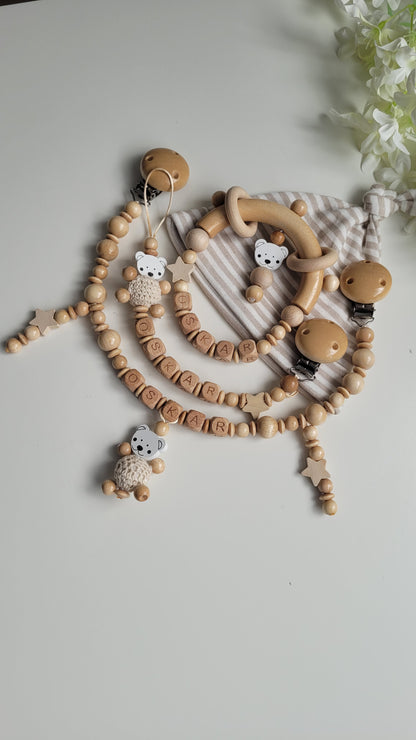 3tlg.Set Schnullerkette Kinderwagenkette & Greifring mit Namen Bärchen holz