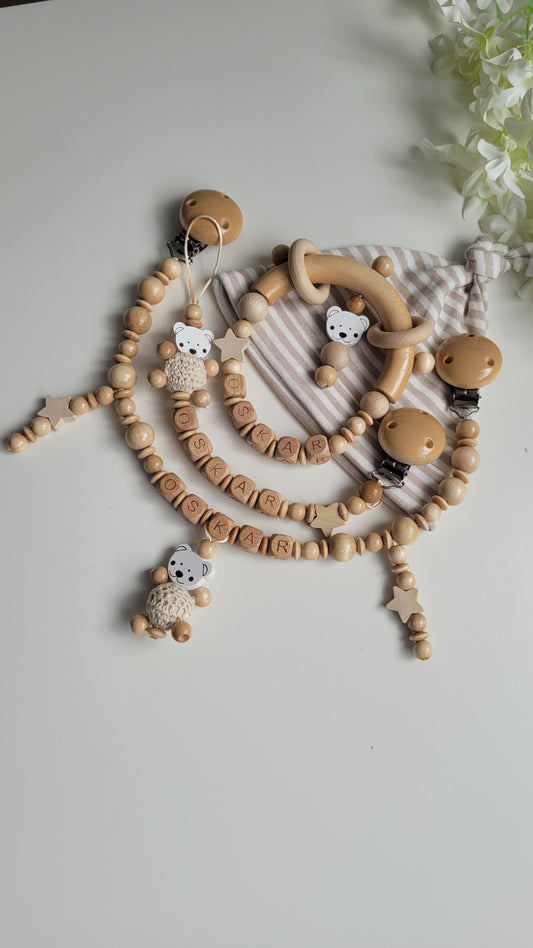 3tlg.Set Schnullerkette Kinderwagenkette & Greifring mit Namen Bärchen holz