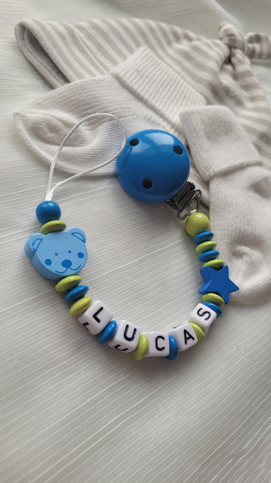 Schnullerkette mit Namen für Jungen Teddy & Stern blau grün