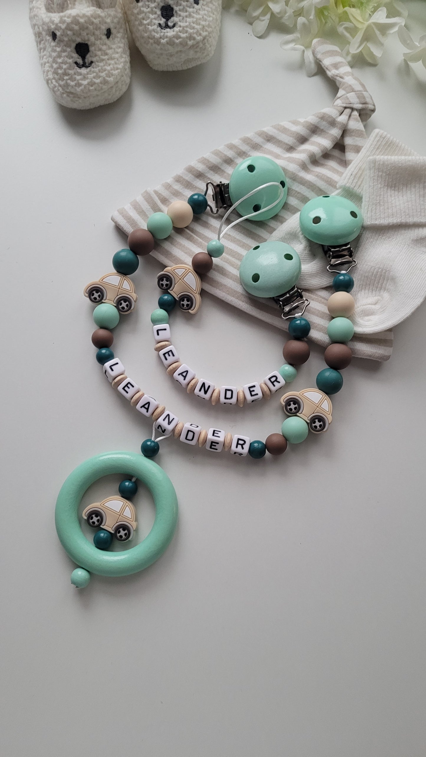 Kinderwagenkette & Schnullerkette Set mit Namen | Auto | Mint · Petrol · Weiß