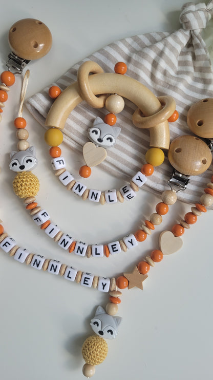 3tlg.Set Schnullerkette Kinderwagenkette & Greifring Fuchs orange holz