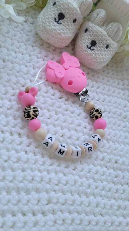 Kinderwagenkette & Schnullerkette mit Namen Maus Leo beige pink