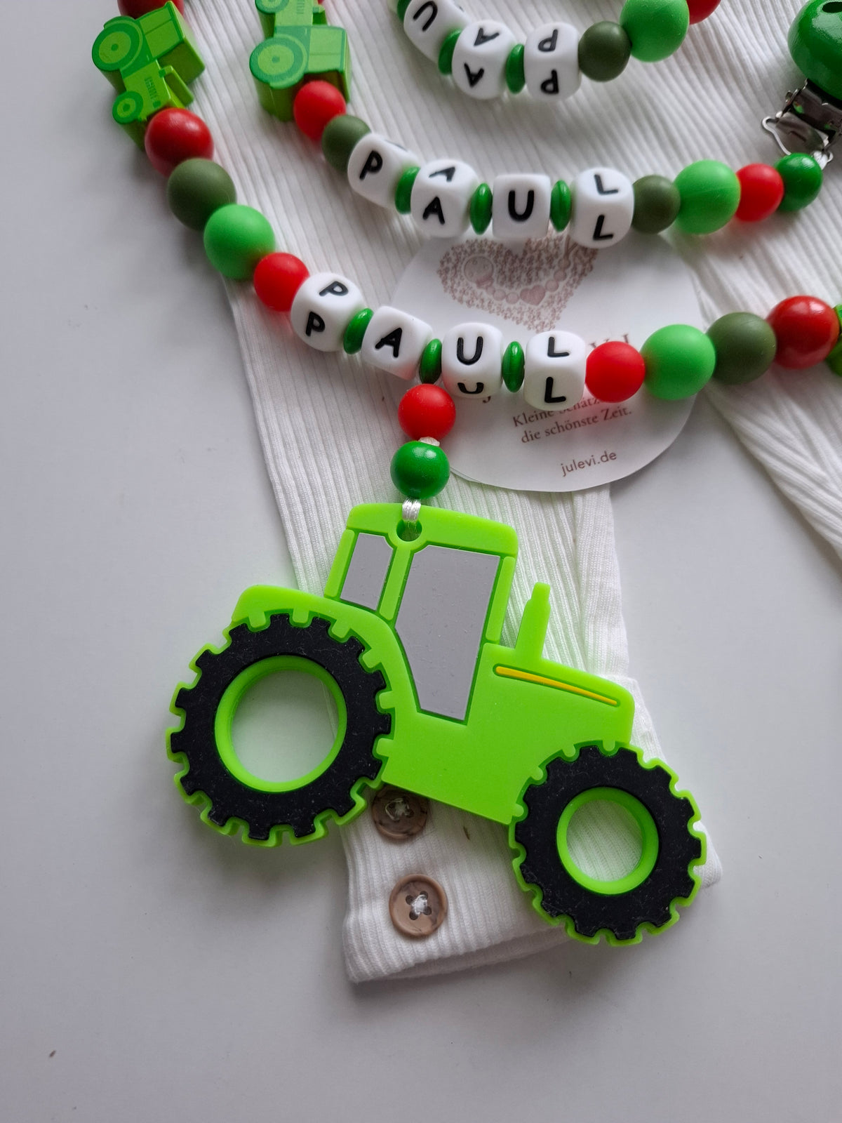 3er Set Schnullerkette Kinderwagenkette & Greifring mit Namen Traktor grün rot